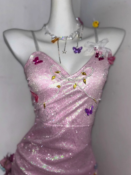 Sparkly Light Pink Butterfly Sequin Ruffles 8th Grade Homecoming Dress 18th Birthday Dress