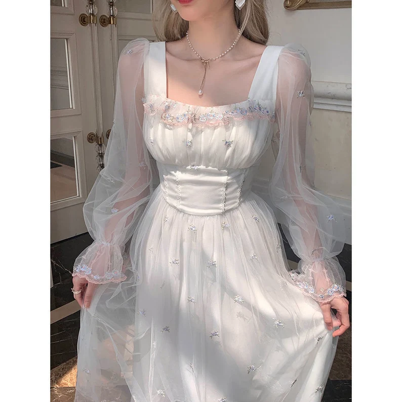 White Mesh Fairy Dress Woman French Vintage Embroidery Floral Flare Sleeve Princess Prom Dresses