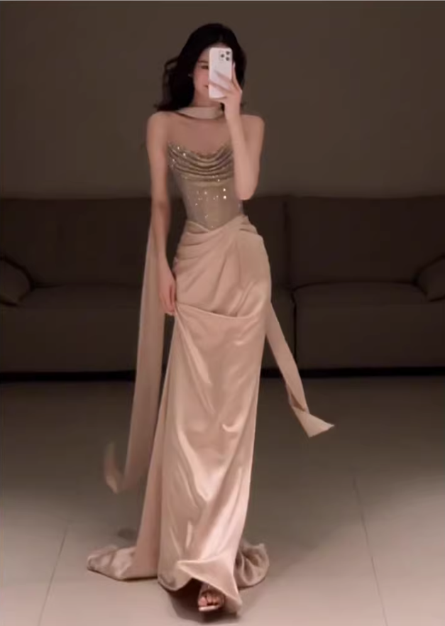 Elegant Strapless Sequin Satin Pleated Mermaid Long Party Dress Birthday Prom Dresses