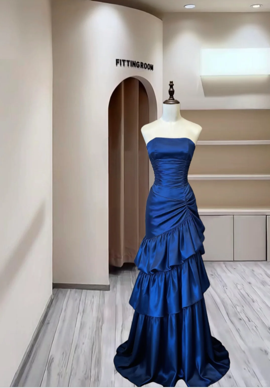 Stylish Strapless Navy Blue Satin Layered Long Party Dress Formal Birthday Prom Dresses