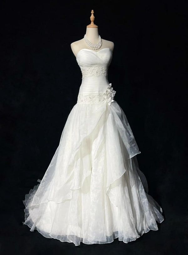 Classy Strapless White Tulle Appliques Mermaid Long Party Dress Princess Birthday Prom Dresses
