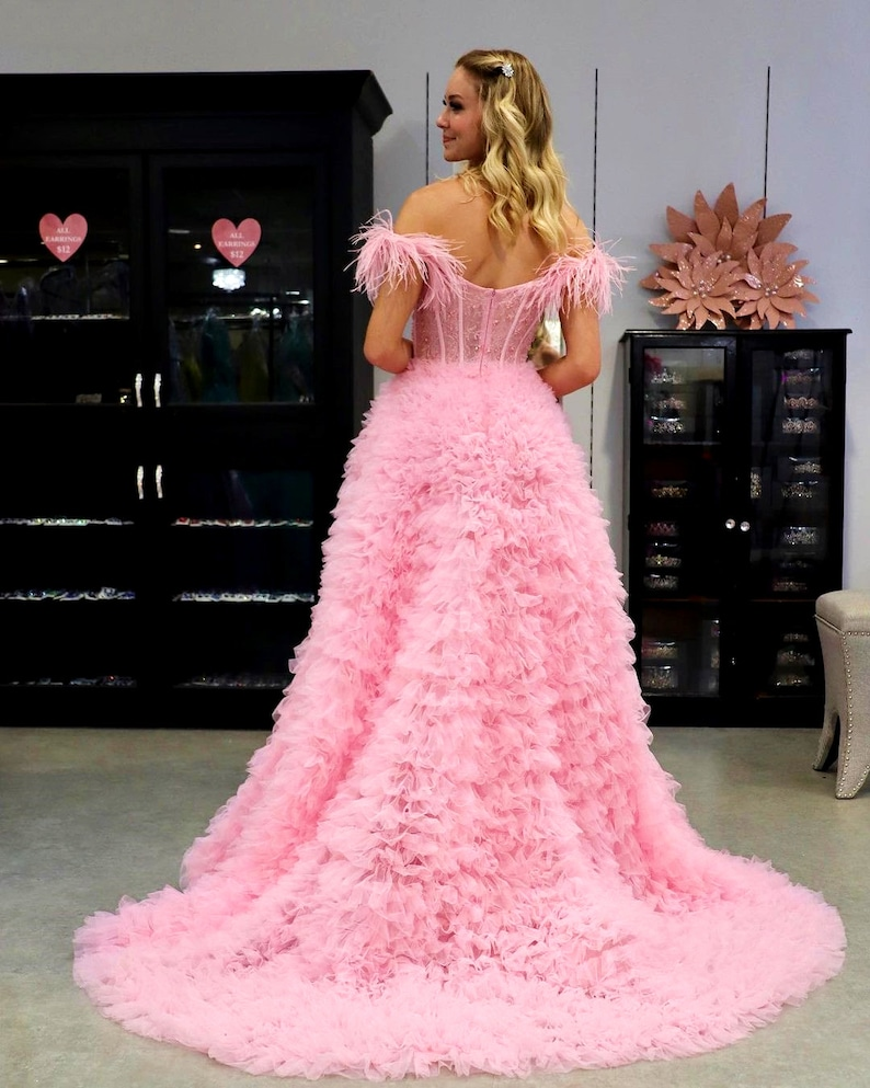 Pink Tulle Ruffled Gown, Off Shoulder Tulle Dress, Tulle Prom Dress, Corset Tulle Ball gown, Graduation Dress