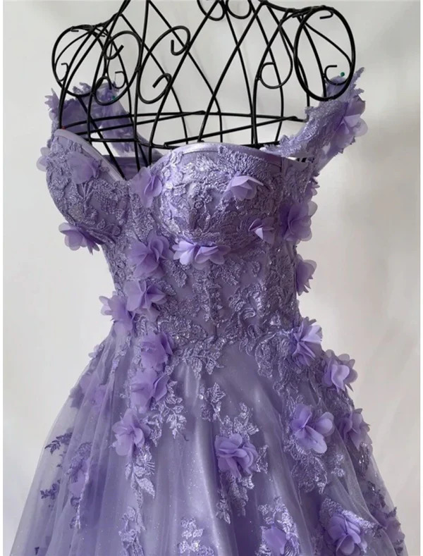Retro Pink Off Shoulder Tulle Floral Party Dress Tulle Prom Dress Evening Dress