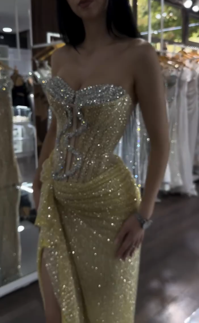 Glitter Strapless Yellow Sequin Beaded Mermaid Slit Evening Dress Formal Birthday Party Dress