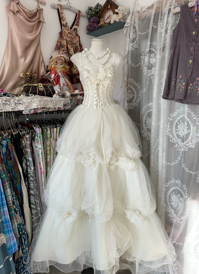 Classy Spaghetti Straps Beige Tulle Layered Flowers A Line Long Prom Dress Party Dress