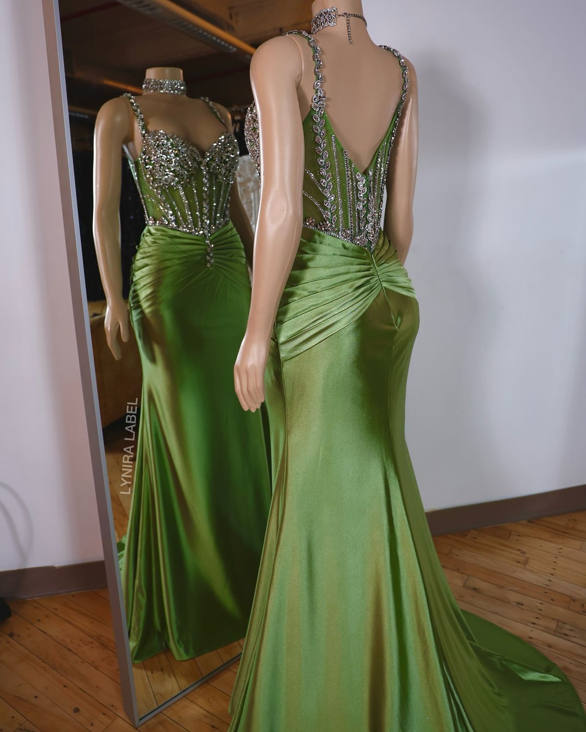 Sparkly Spaghetti Straps Green Satin Beaded Pleated Mermaid Evening Dress Long Wedding Guest Dress