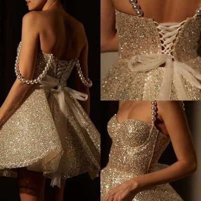 Glitter Champagne Sequin A Line Homecoming Dress Cocktail Dress Spaghetti Straps Short Birthday Dress