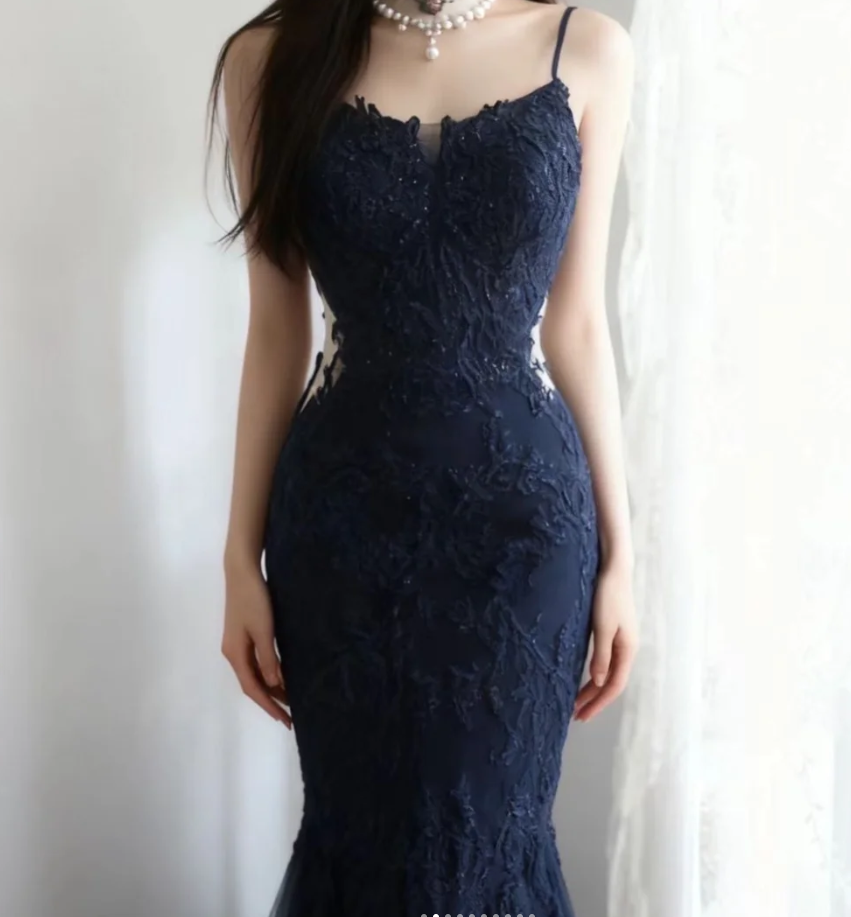Elegant Spaghetti Straps Navy Blue Tulle Lace Appliques Mermaid Evening Dress Birthday Outfits
