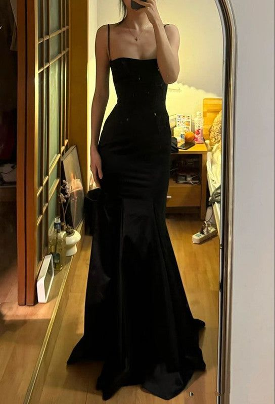 Classy Spaghetti Straps Black Satin Mermaid Long Wedding Guest Dress Birthday Party Dress
