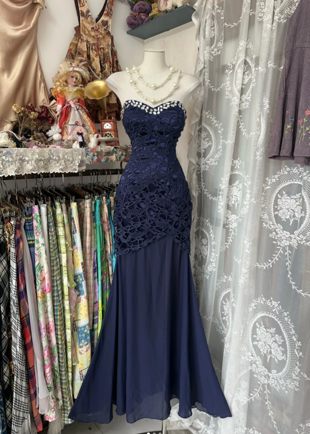 Charming Navy Blue Strapless Lace Beaded Mermaid Long Evening Dress Party Dress