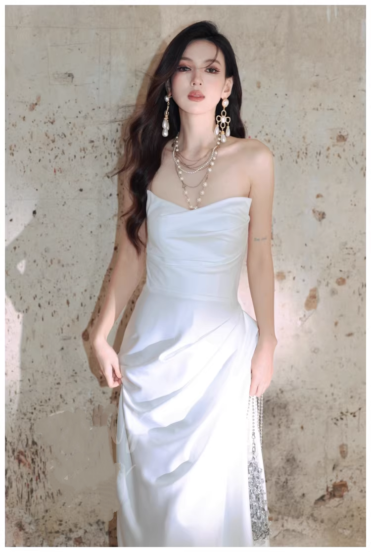 Charming Strapless Satin Pleated Mermaid Long Evening Dress White 19th Birthday Outfits