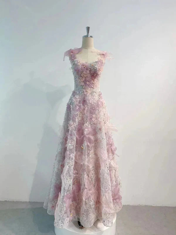 Vintage A line Straps Sequin Flowers Long Pink Prom Dress Evening Dresses
