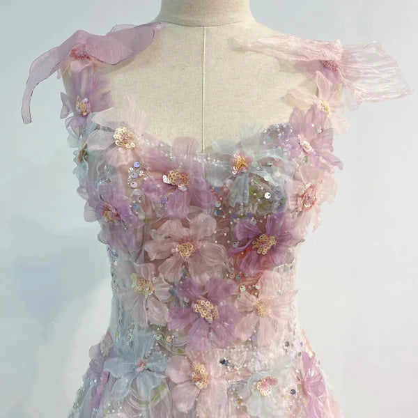 Vintage A line Straps Sequin Flowers Long Pink Prom Dress Evening Dresses