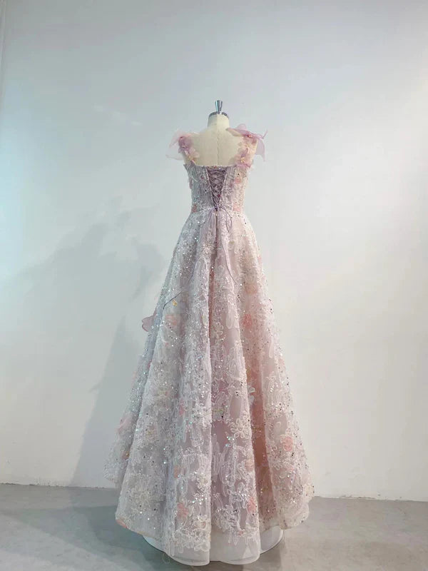 Vintage A line Straps Sequin Flowers Long Pink Prom Dress Evening Dresses