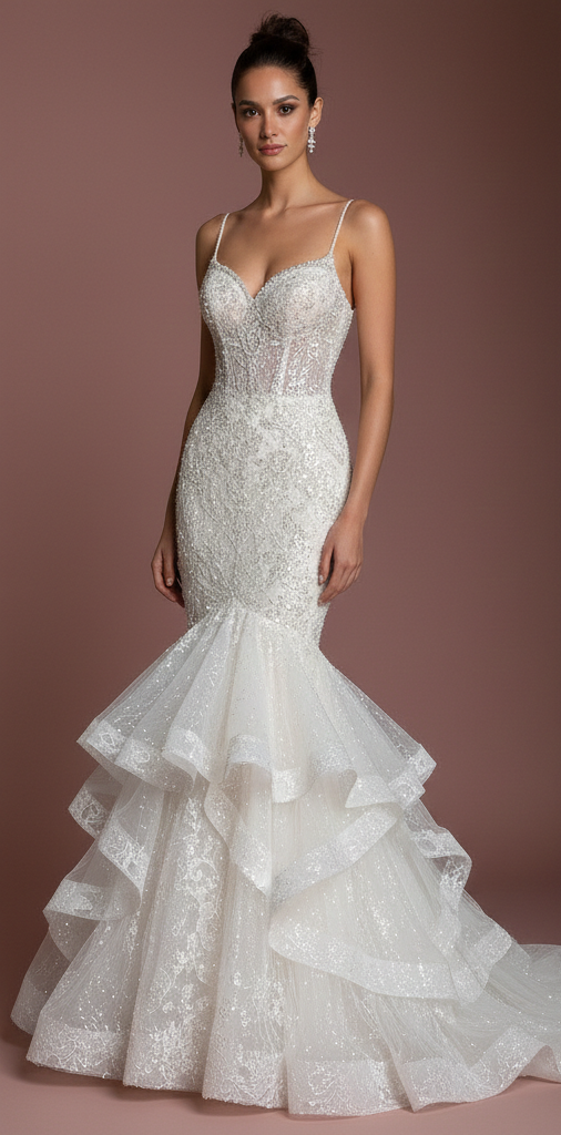 Ruffle Wedding Dress Tiered Tulle Long Skirt Strapless Gown