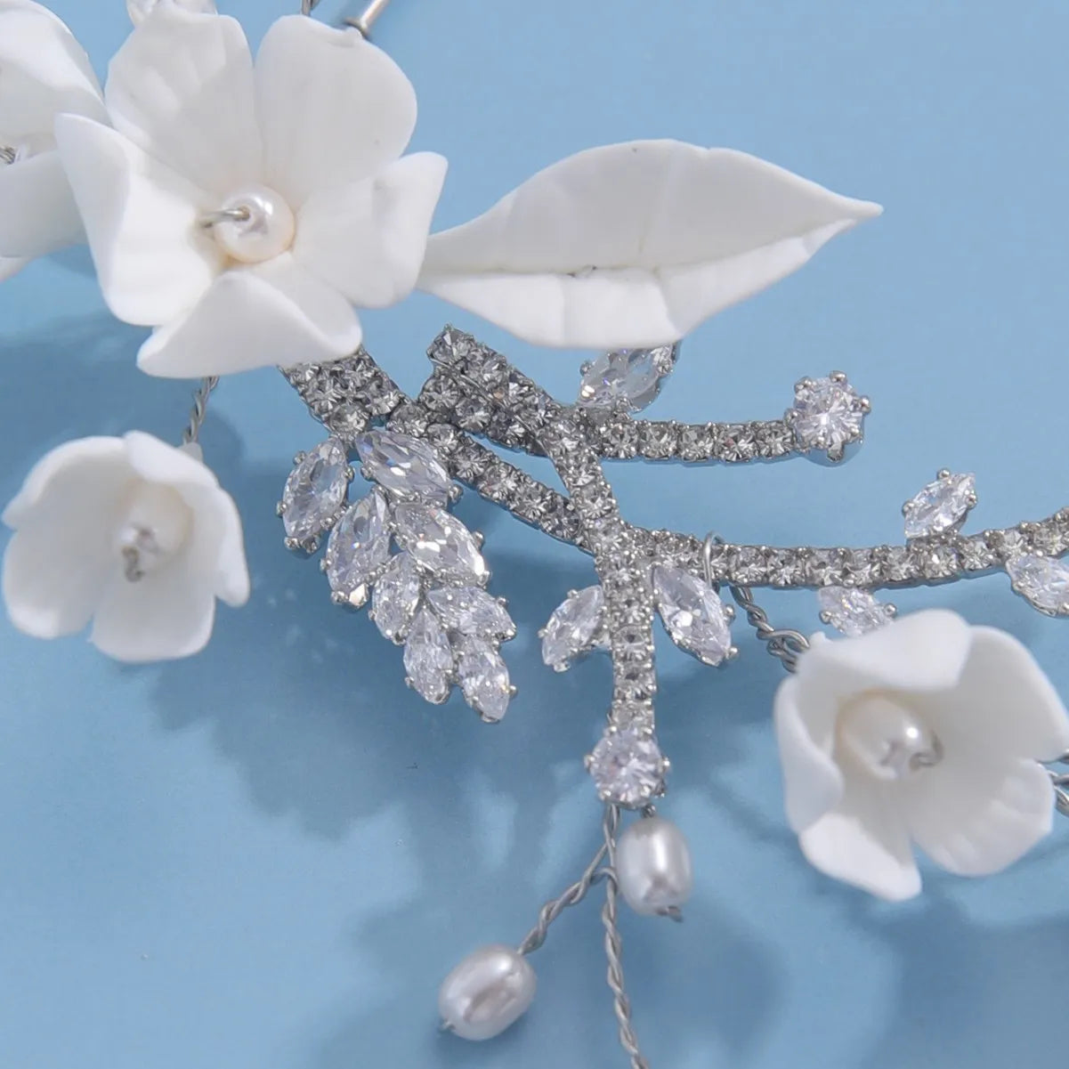 Porcelain Flower Hair Pin Clip Zircon Hairpin Brides Bridesmaids Silver Color Head Pieces Wedding Accessories Bridal Jewelry