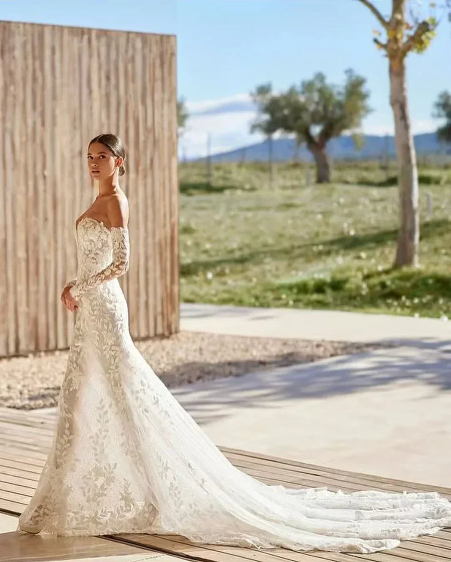 Customized Elegant Lace Appliques Mermaid Wedding Dresses for Bridal 2026 Detachable Long Sleeves Sweetheart Vestido de novia