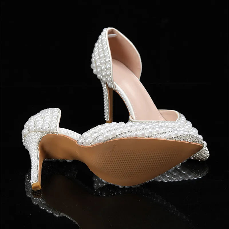 Luxury Handmade Full Pearls Rhinestones Wedding Women Pumps Elegant Pointed toe Bridal Thin High heels Fashion Party Prom Shoes