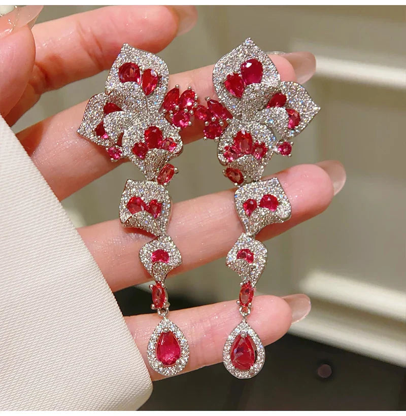 Luxury Red AAA Zircon Bridal Earrings CZ Zirconia Wedding Drop Earring For Bride Accessories Women Party Evening Dress Jewelry d