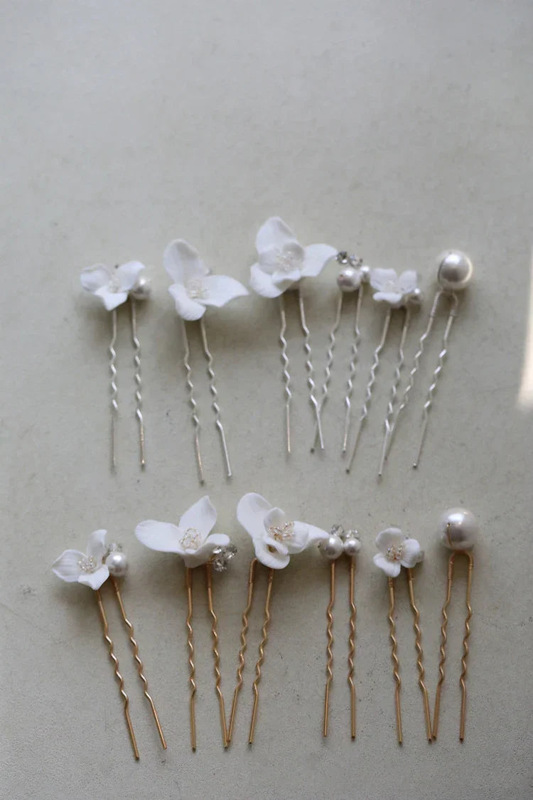Porcelain Flower Hairpin Gold Silver Color Hair Pin Clip Women Bride Crystal Pearl Head Piece Bridal Jewelry Wedding Accessories