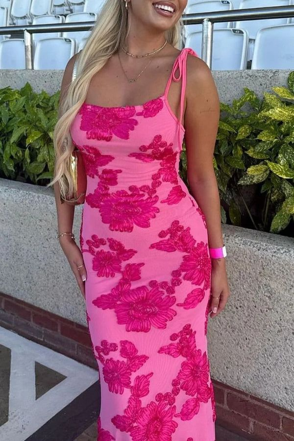 Gorgeous Pink Satin Print Floral Evening Dress Long Mermaid Prom Party Dress