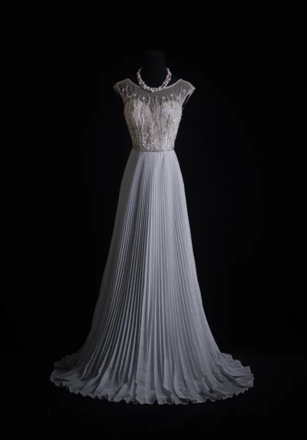 Pretty Gray Satin Pleated Sequin Beaded Long Wedding Guest Dress Party Dress