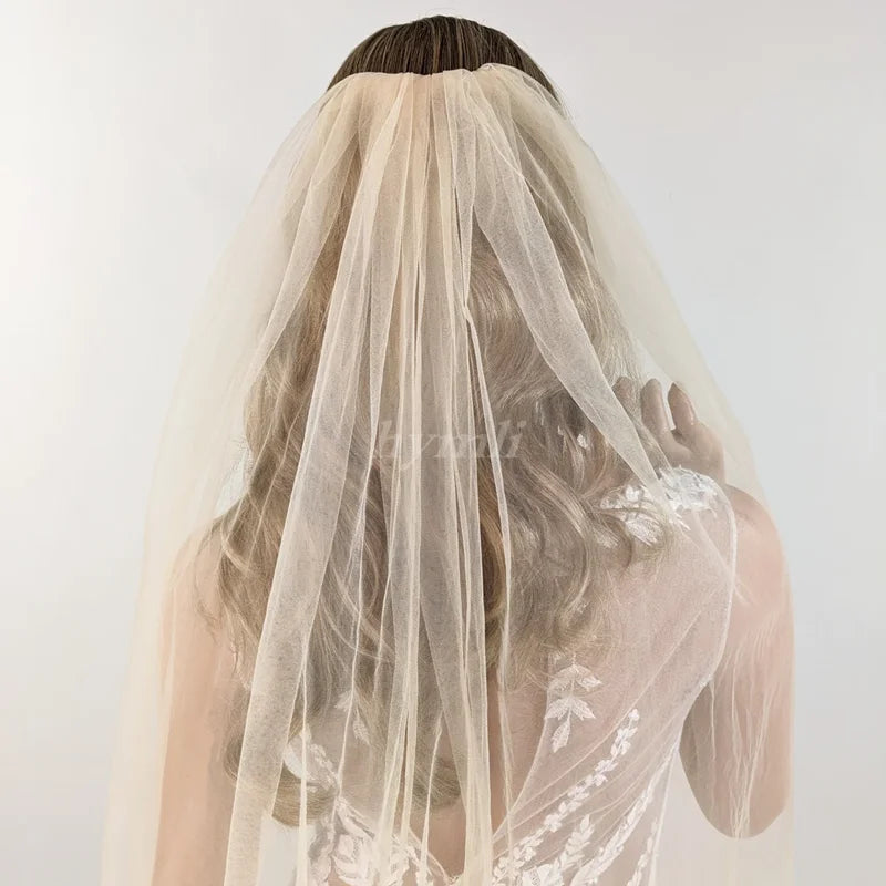 Champagne Wedding Veil Soft Tulle Single Tier Rounded Edge with Gold Bridal Comb