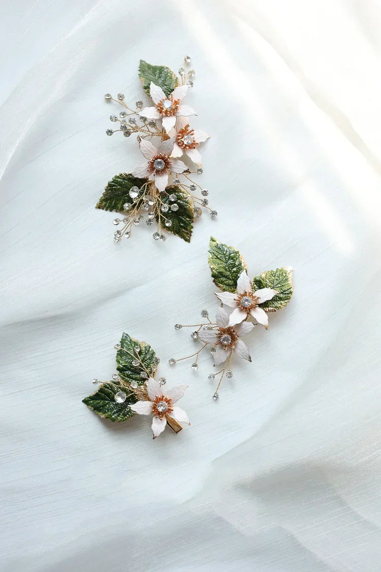 Wedding Accessories Flower Leaf Hair Pin Clip Gold Color Hairpin Bride Bridesmaids Rhinestones Crystal Head Piece Bridal Jewelry