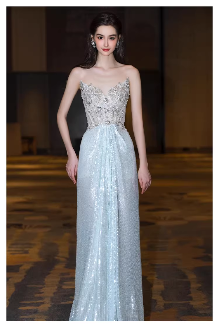 Glamorous Blue Strapless Tulle Sequin Beaded Mermaid Long Evening Dress Prom Dress