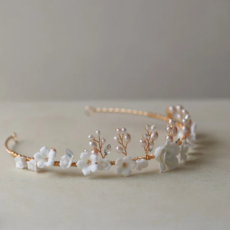 Gold Color Headband Freshwater Pearl Headpiece For Brides Porcelain Flower Hairband Wedding Accessories Bridal Hair Jewelry