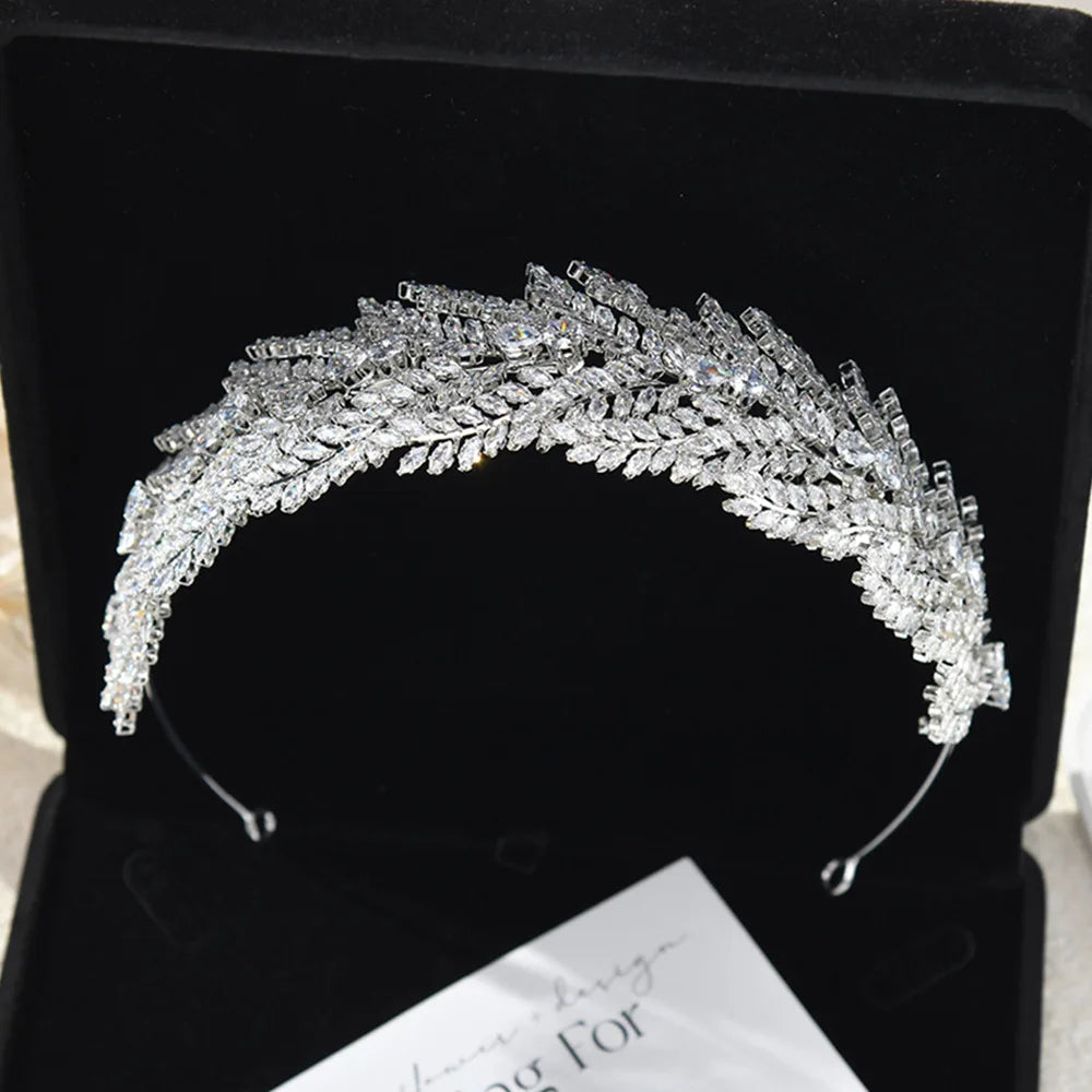 Wedding Hair Accessories Leaf Tiara Crown AAA Zircon Headbands For Brides Women Princess Queen Zirconia Headpiece Bridal Jewelry