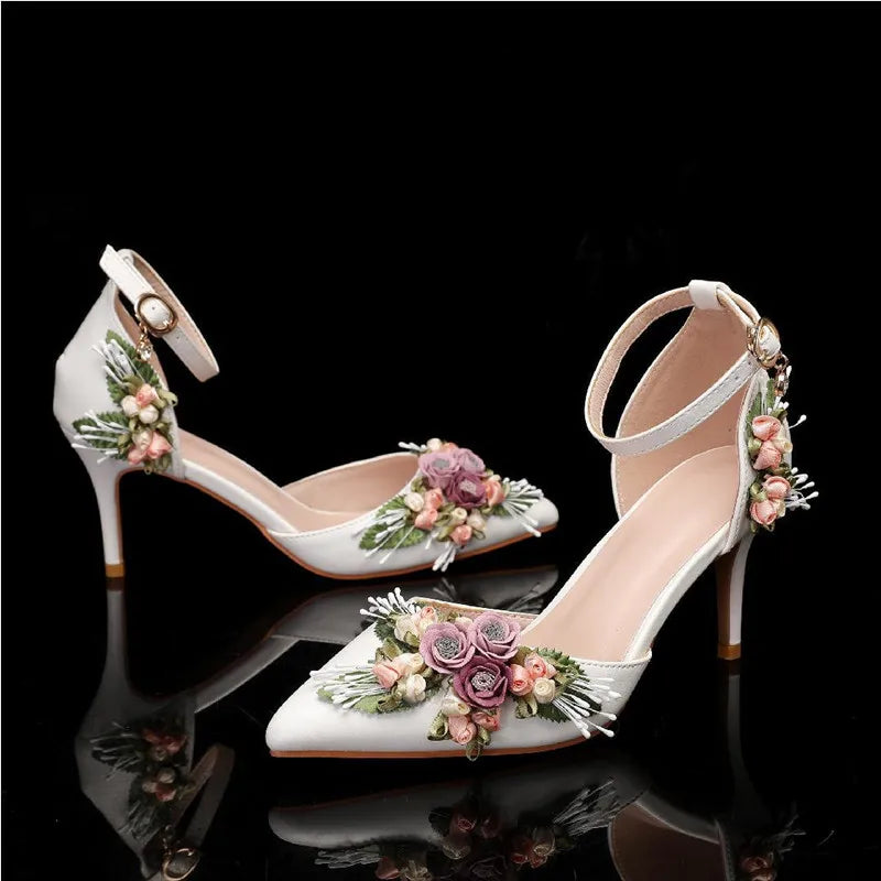 Fashion Flowers Leaf Satin Mary Janes Women Pumps Spring Autumn Elegant Pointed toe Thin High heels Wedding Bridal Shoes