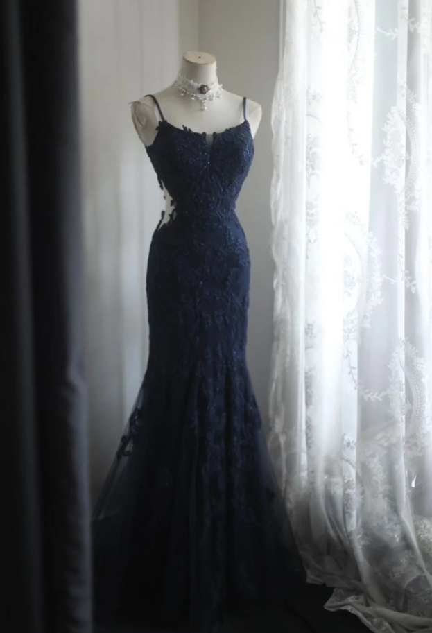 Elegant Spaghetti Straps Navy Blue Tulle Lace Appliques Mermaid Evening Dress Birthday Outfits