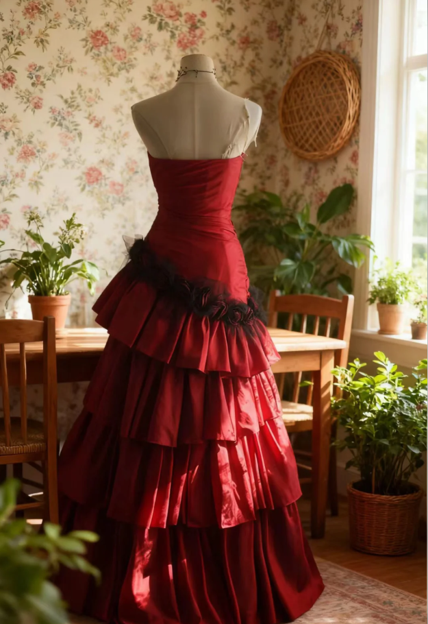 Vintage Red Strapless Satin Layered Mermaid Evening Dress Long Party Dress