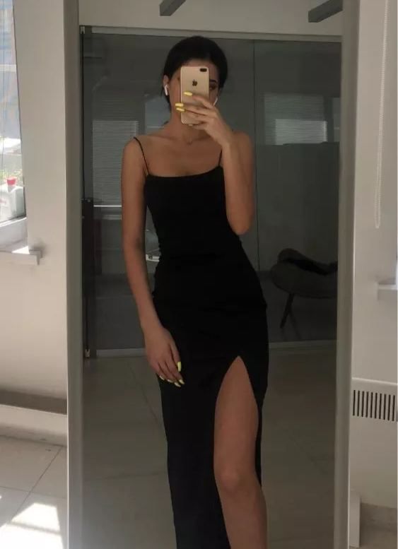Spaghetti Straps Column/Sheath Long Prom Dress Simple Prom Dress With Split Classic Style Black Evening Dress