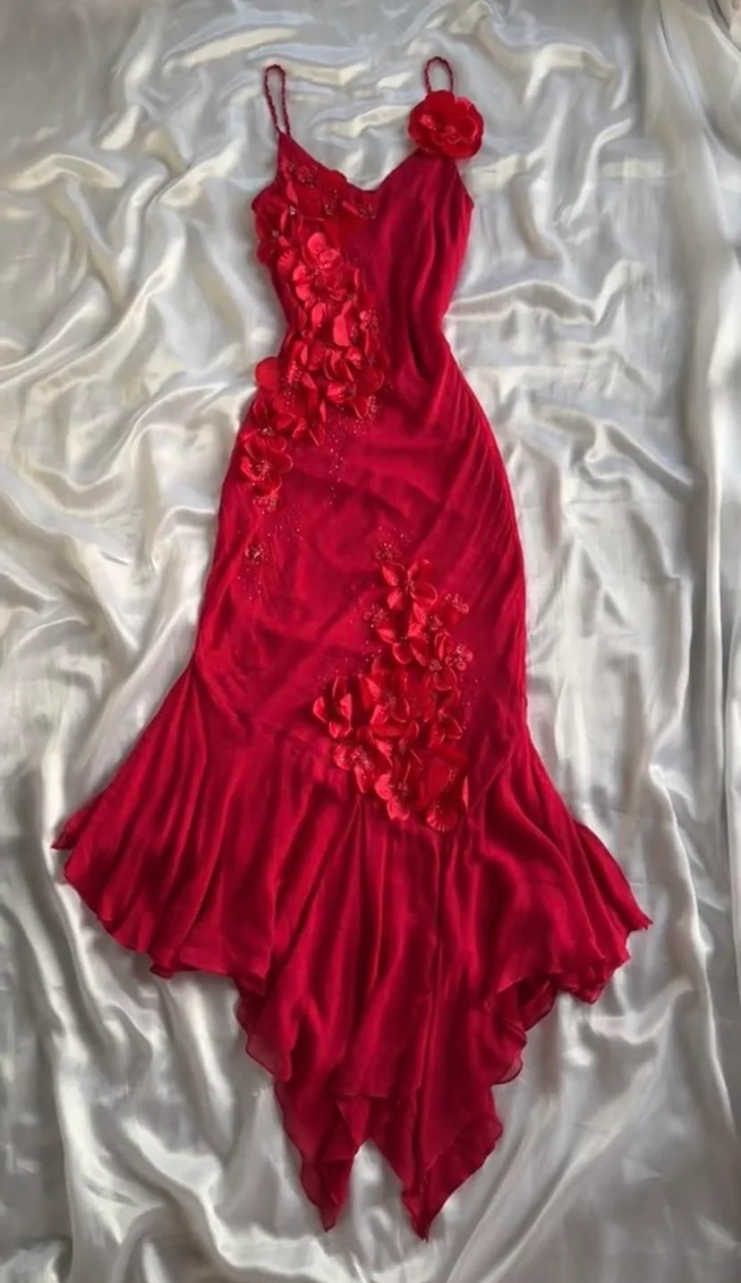 Cute High Low Spaghetti Straps Red Chiffon Layers Prom Dresses Evening Dress