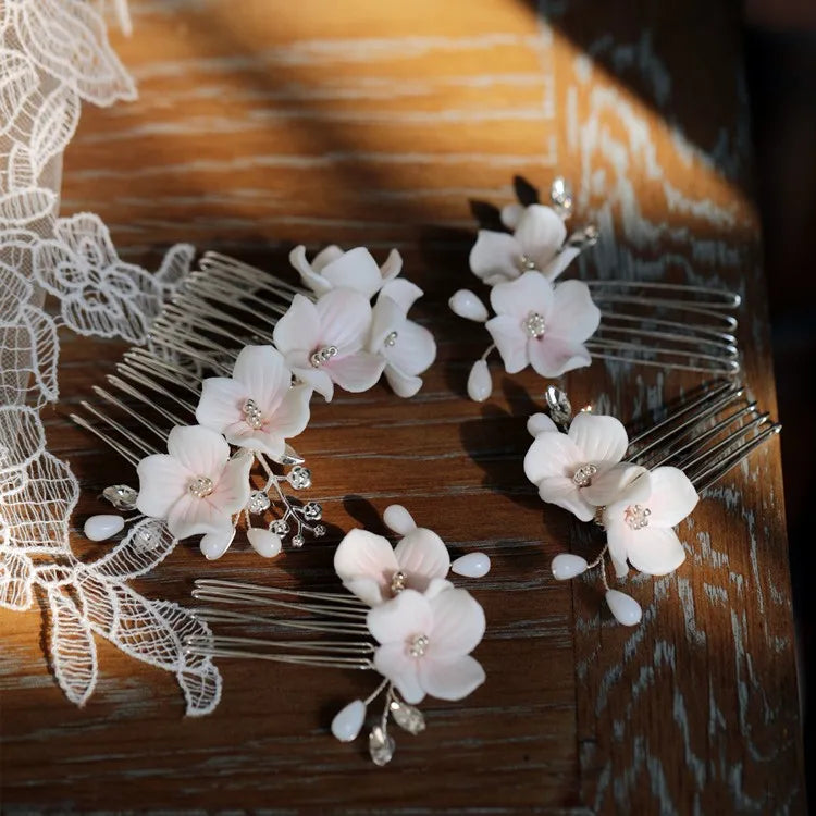 Pink Porcelain Flower Hair Comb Pin Clip Floral Head Piece For Brides Bridesmaids Hairpins Wedding Accessories Bridal Jewelry