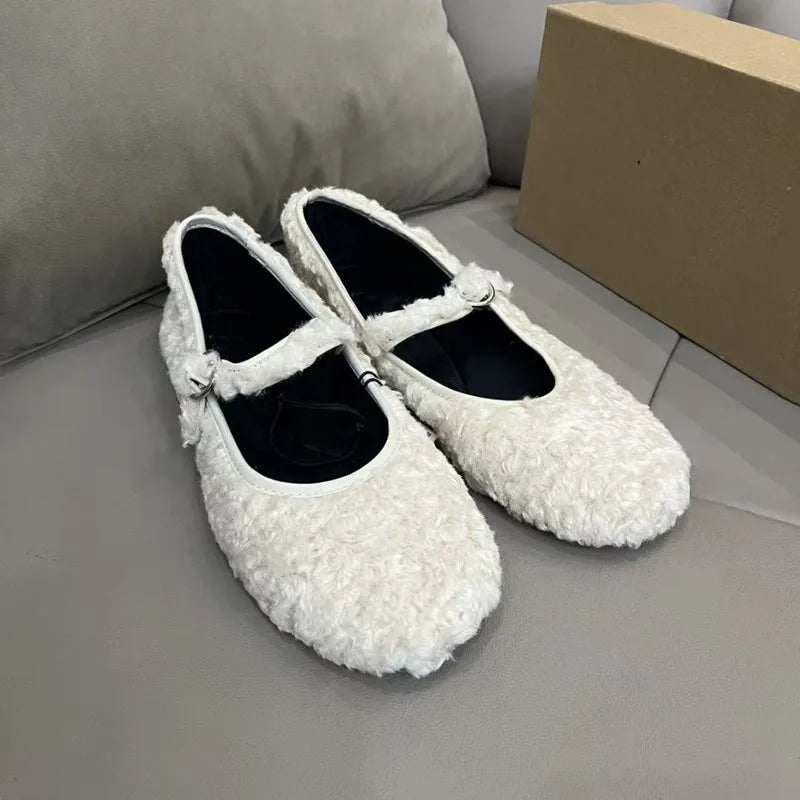 Winter Warm Furry Wool Women Ballet Flats Comfortable Soft Soles Mary Janes Walking Loafers Casual Girls Dance Lazy Shoes Whtie