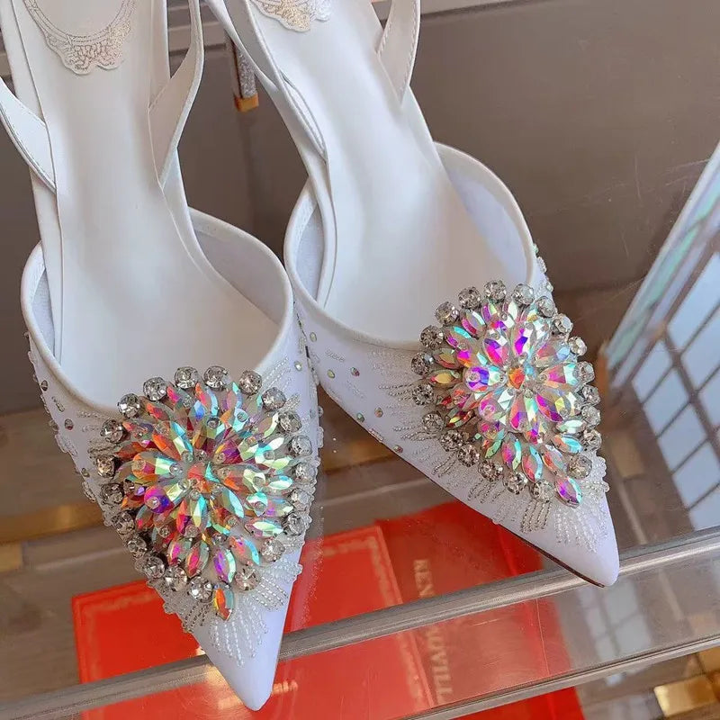 Luxury Diamond Pearls Lace Mesh Women Pumps Elegant Pointed toe Thin High heels Fashion Summer Slingbacks Wedding Party Shoes