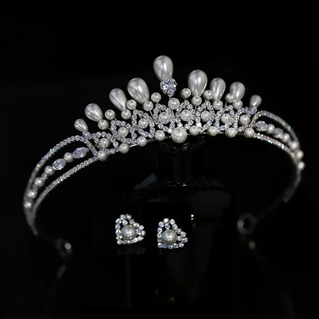 Crystal Pearl Tiaras and Crowns Set Zirconia Diadem For Bride Princess Queen Headband Bridal Hair Jewelry Wedding Accessories