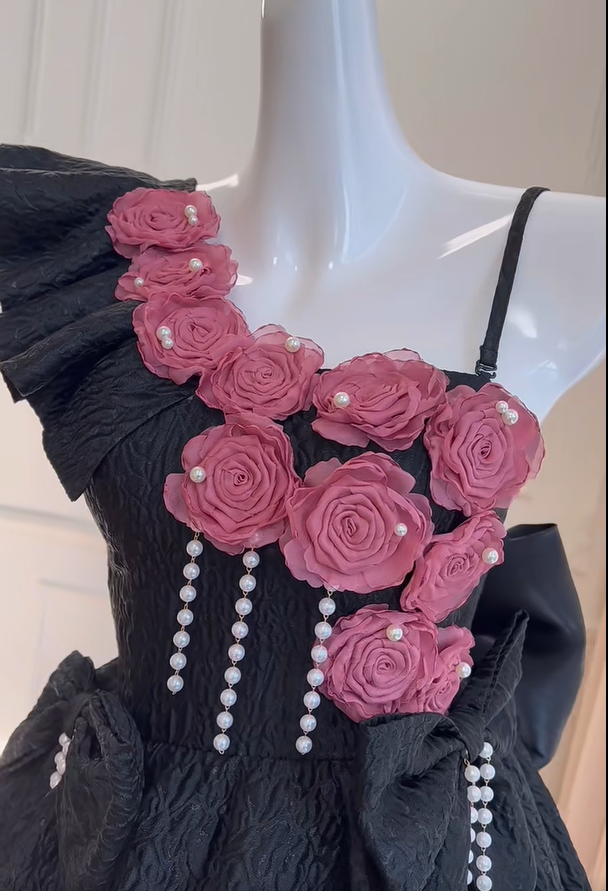 Uniques Rose Flowers Black Off The Shoulder Homecoming Dress A Line Birthday Dress