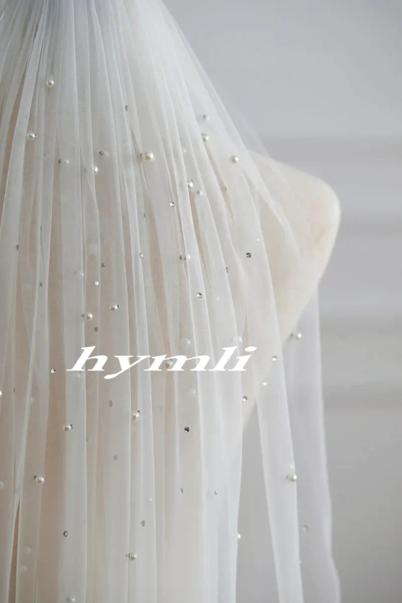 New 1 Tier Pearls and Rhinestones Veil Fingertip Length Bridal Veil Metal Comb 100cm