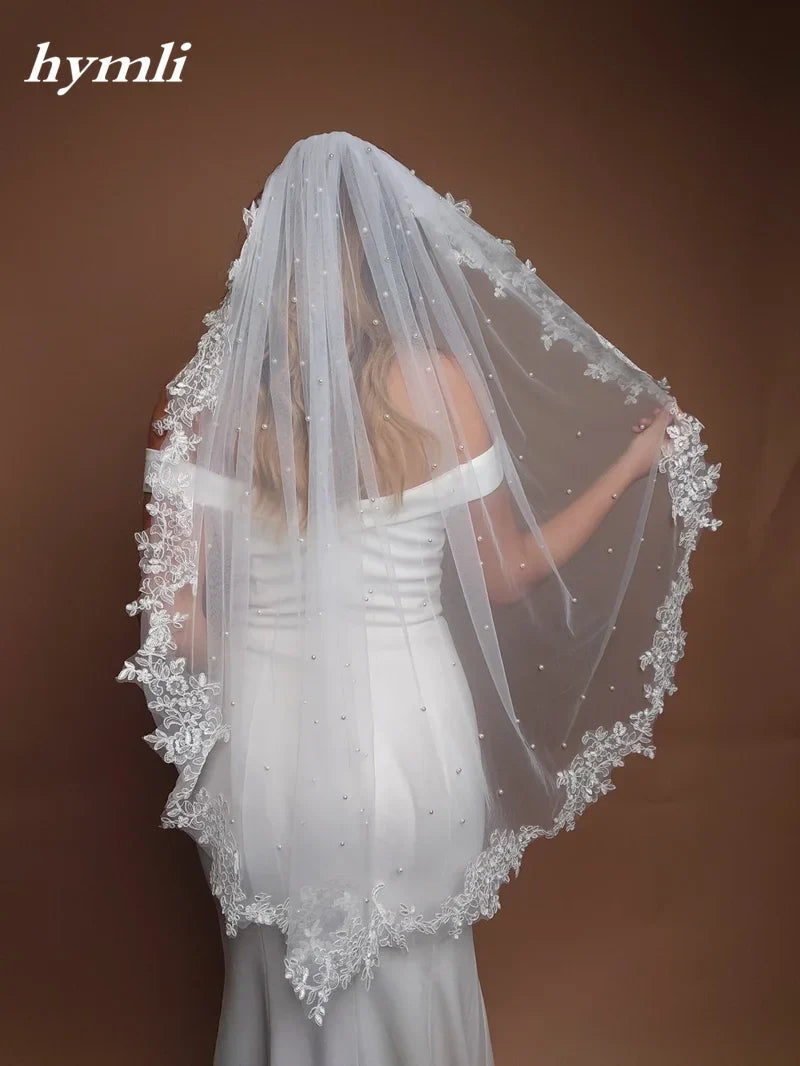 White , Light Ivory 1 Tier Pearl Veil Lace Fingertip Length Bridal Veil