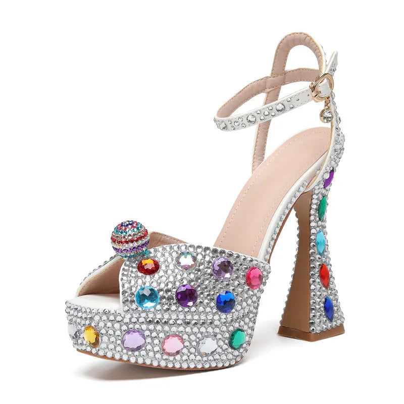 Luxury Colorful Rhinestones Women Gladiator Sandals Sexy Ankle Strap Platform Wedges High heels Fashion Summer Party Prom Shoes Silver colorful