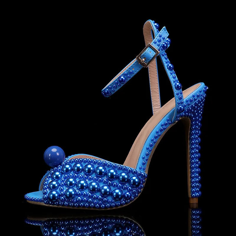 Star style Luxury Pearls Crystal Peep Toe Women Sandals Fashion Summer High heels Gladiator Sandals Wedding Party Bridals Shoes Blue