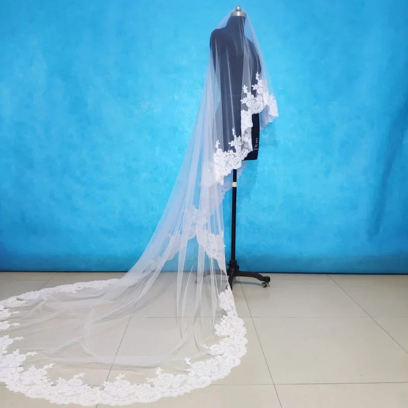New France Lace Wedding Veil One layer 3 M Bridal Veil Long Lace Veil no Comb Ivory 300cm