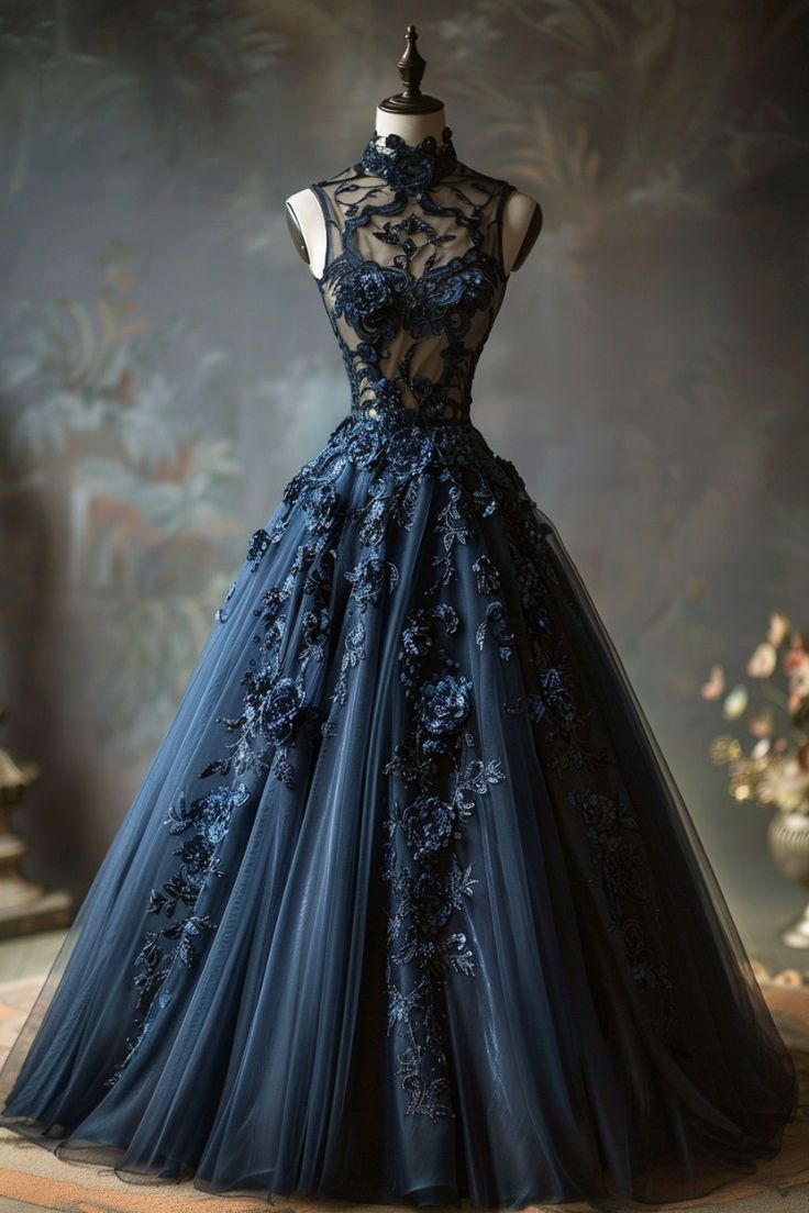 Luxury A Line Navy Blue Tulle 3D Flowers High Neck Long Evening Dress Ball Gown