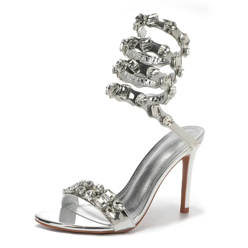Star style Luxury Crystal Embellished Wraparound Women Sandals Stiletto High heels Gladiator Sandals Summer Wedding Prom Shoes Silver