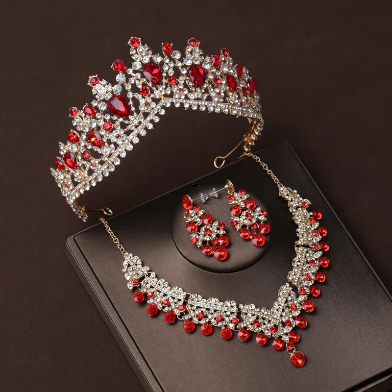 Luxury Silver Color Crystal Water Drop Bridal Jewelry Sets Rhinestone Tiaras Crown Necklace Earrings Wedding Dubai Jewelry Set TS-0005-H-XL-0003-B Tiaras