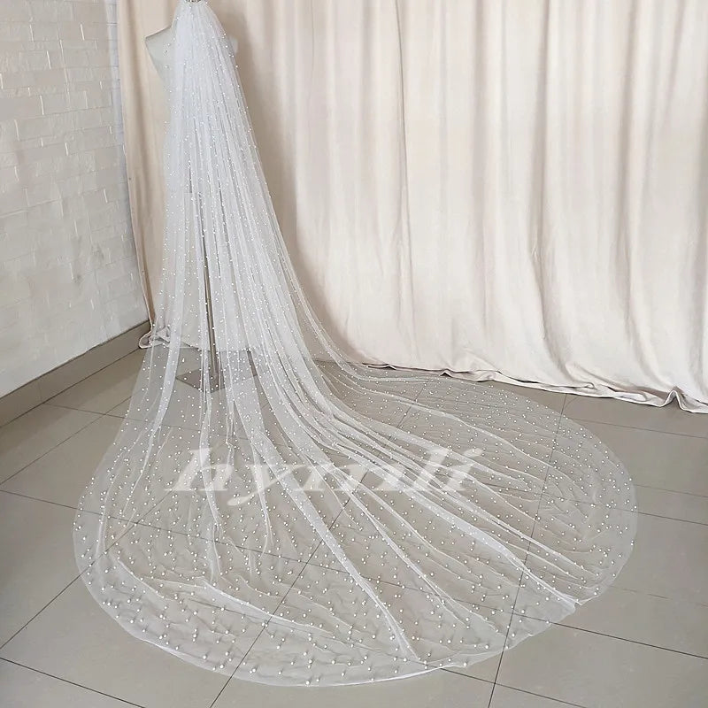 Light Ivory Wedding Veil Pearl Tulle Bridal Veil Metal Comb